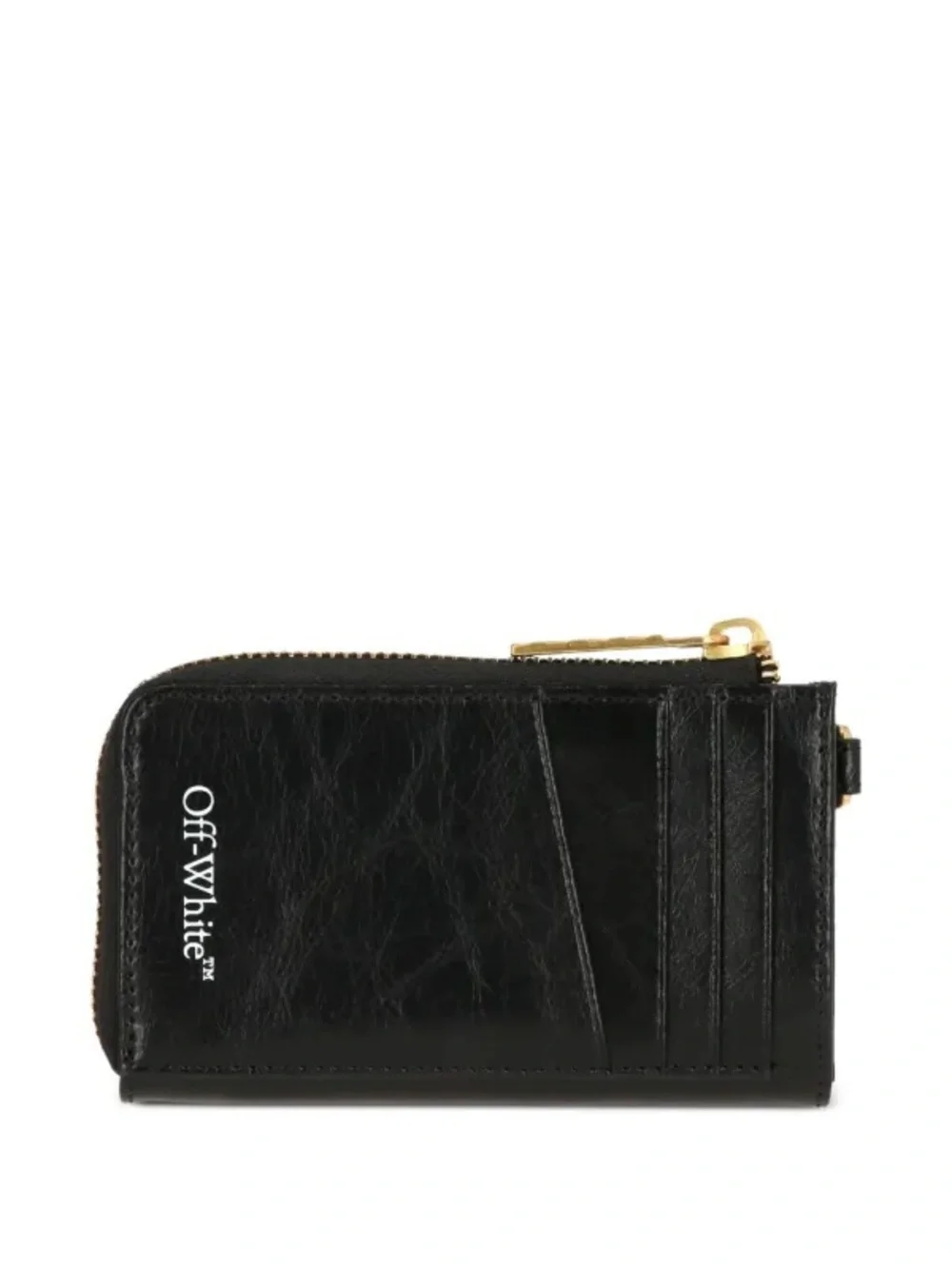 New Off-White Black Keychain Wallet, Leather Zip Card Pouch with Gold Zipper